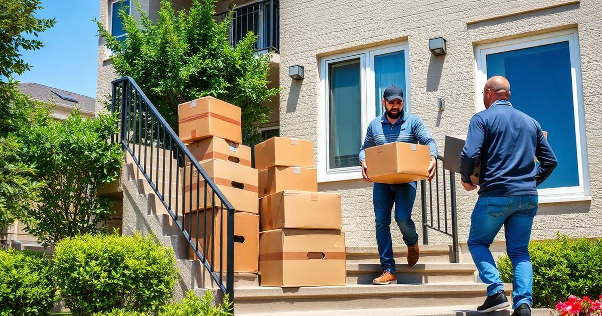 Movers carrying boxes up apartment stairs