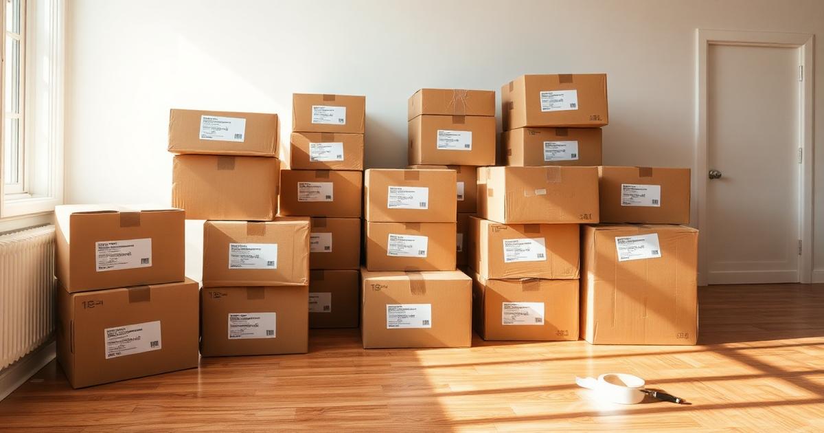 Labeled moving boxes stacked in room